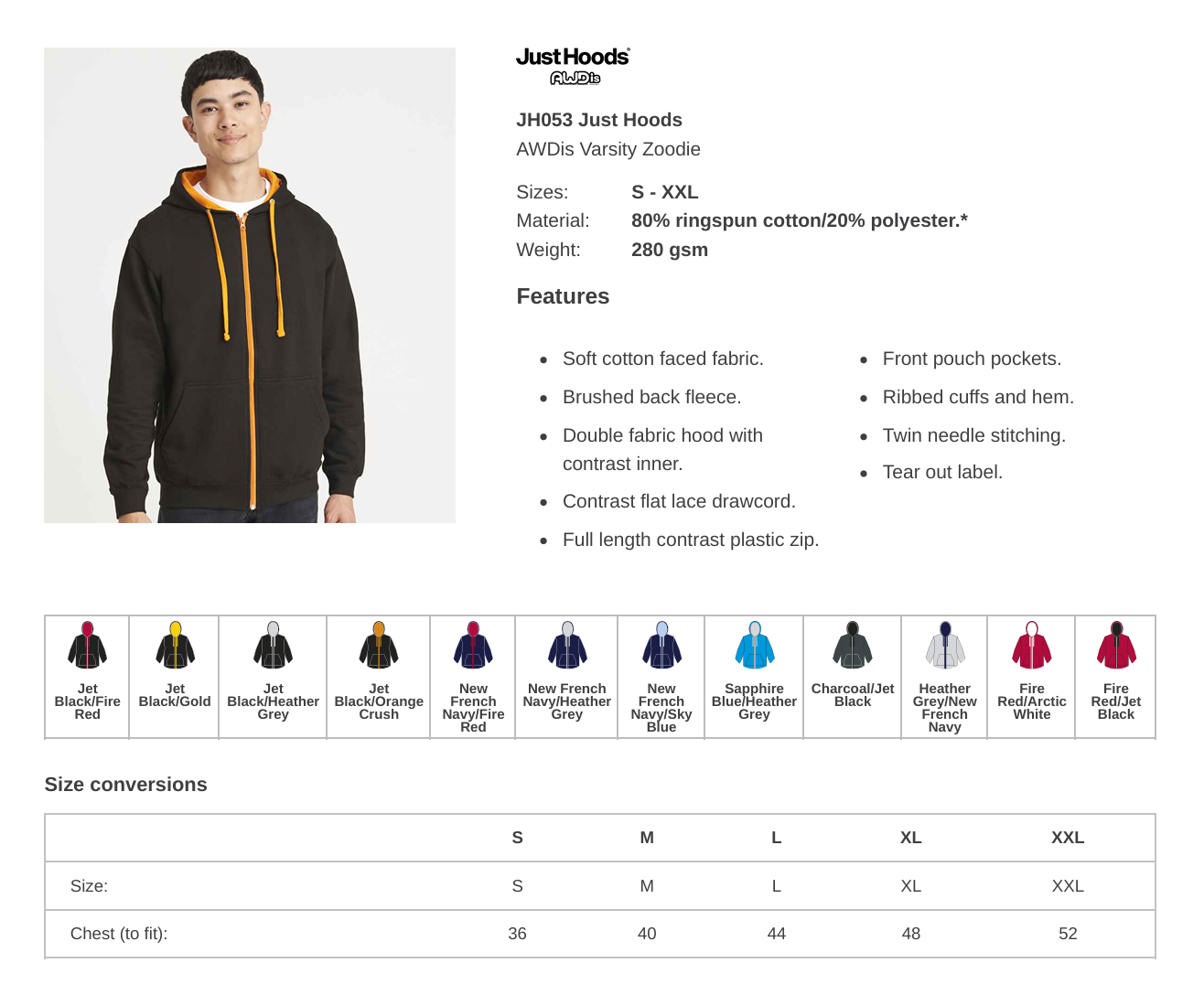 Unisex AWDis Zip Up Varsity Hoodie - Printed or Embroidered With Your Logo