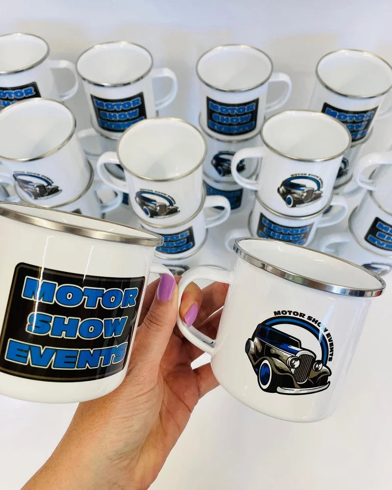 This is a 12oz white enamel mug with a stainless steel rim. These mugs are extremely hard to break. Each mug is printed with your business branding on both sides.