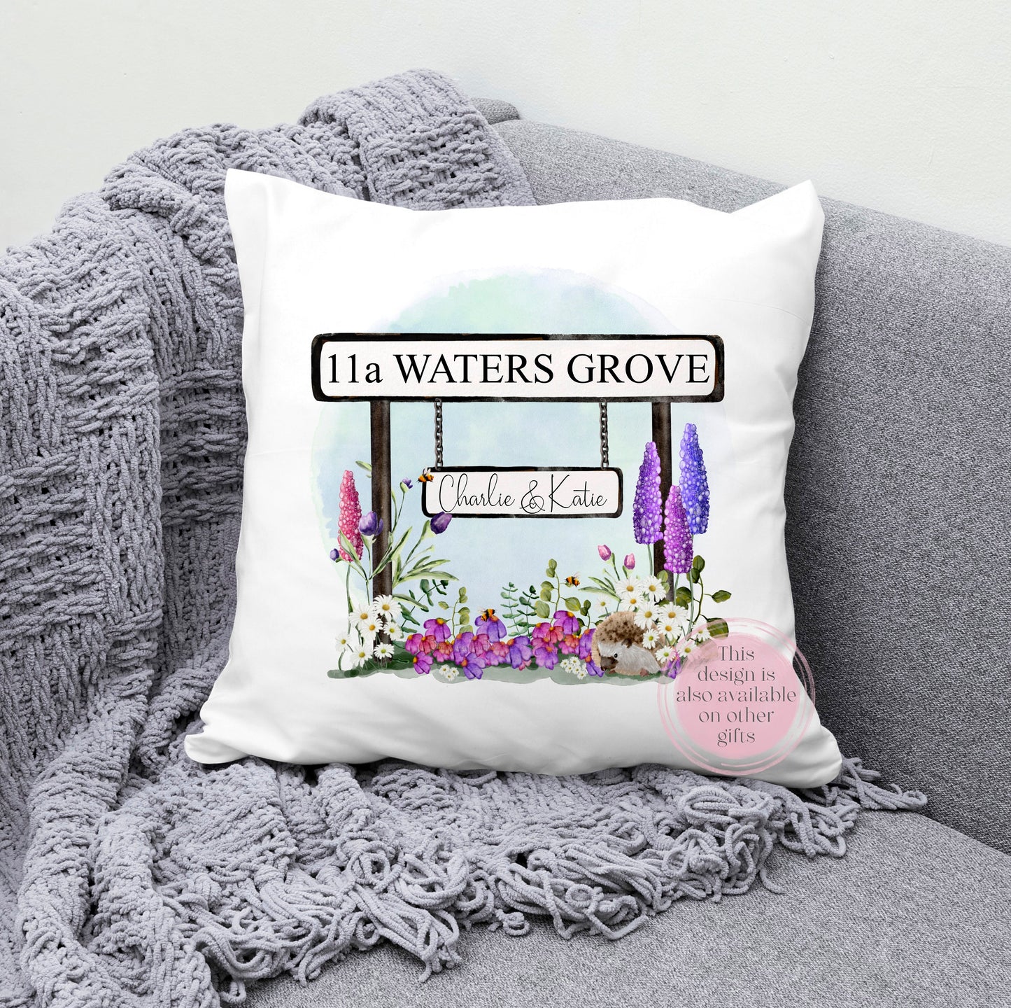 New home white cushion printed with a beautiful floral street sign. Customers can have the street sign with the new address. Also has a hanging sign for recipients names