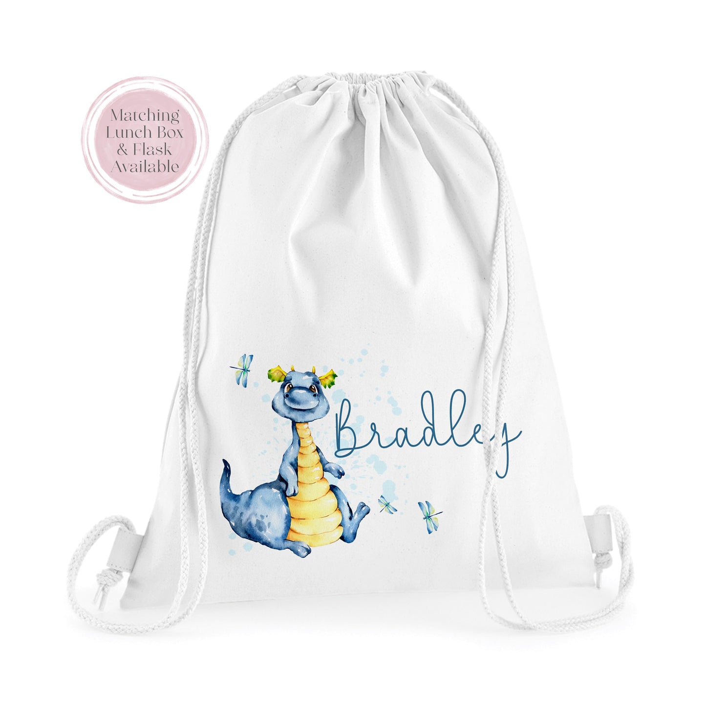 Image of a white PE bag with white drawstrings and a printed image to the front. The image is of a blue dragon sat down with dragon flies flying and the name Bradley in blue to the side.