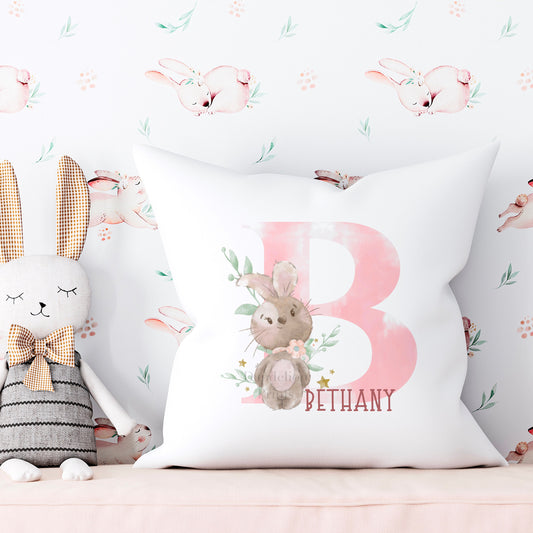 Adorable Personalised Pink or Blue Bunny Initial Cushion - Perfect for the Nursery or as a New Baby Gift