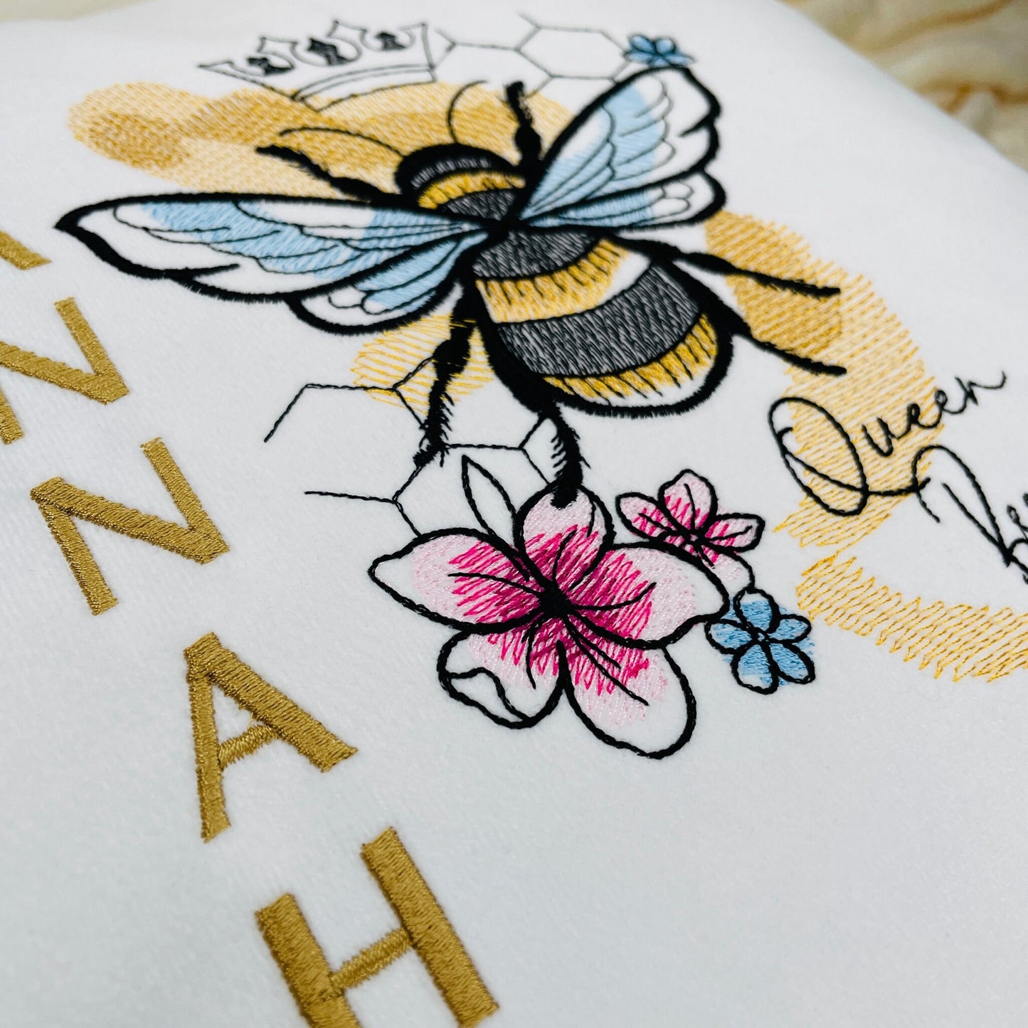 Custom Embroidered Queen Bee Design Decorative Cushion - Personalised Gift for Nature Lovers