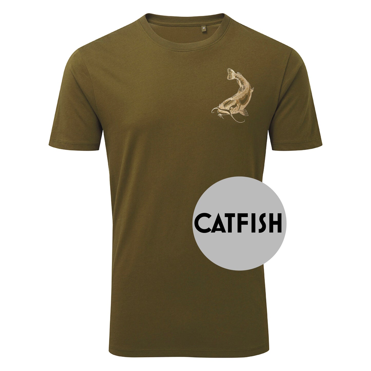 Khaki organic T-shirt embroidered with a gold fish. You choose the design you want from catfish, perch, salmon, pike and carp. The embroidery is a very detailed eye catching sketch. This is a perfect gift for a fishing fan. Blend in at the lake.