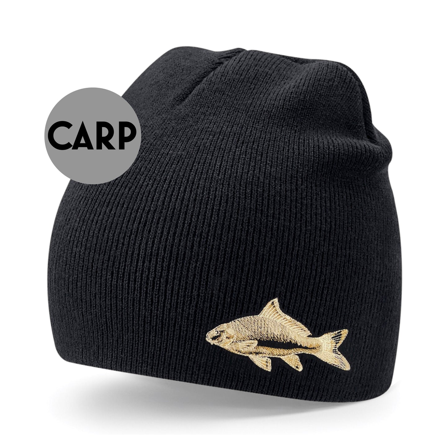 Black unisex fishing beanie hat embroidered with a stitched sketch of a carp in gold. Lovely gift for a fishing fanatic. Other designs include catfish, pike, salmon and perch. Stay warm in winter around the lakes