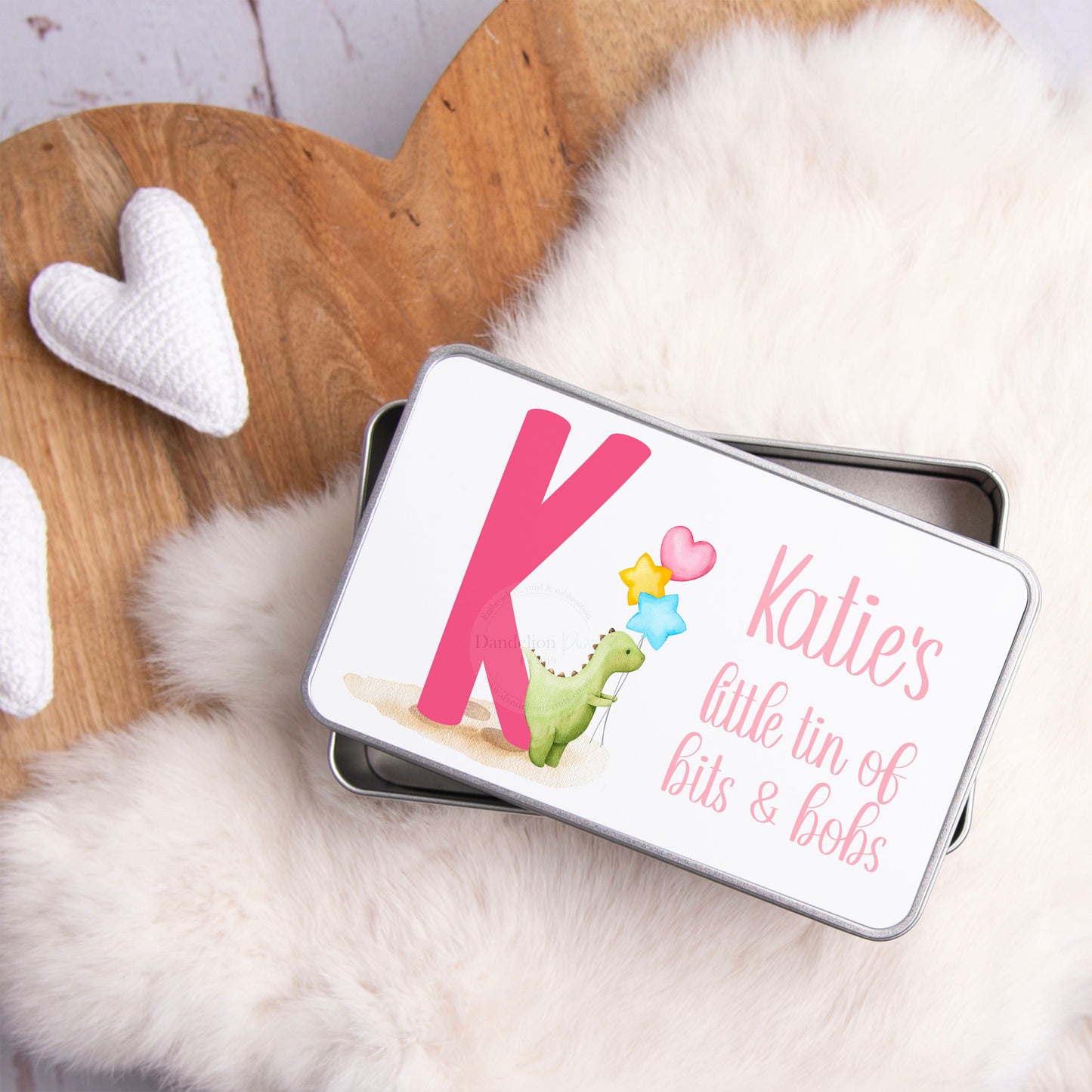 Kids' Personalised Accessory Tin - Adorable Watercolour Dinosaur Design with Pink Initial - Keeps Your Little One's Goodies Neat and Tidy