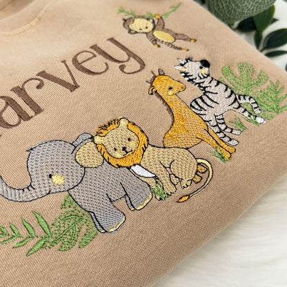 Gorgeous Safari Animal Embroidered Sweater - Super Soft & Personalised - Lion, Giraffe, Zebra, Elephant, MonkeySweater with a Name Too