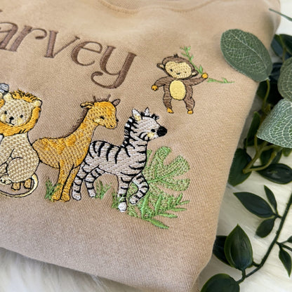 Gorgeous Safari Animal Embroidered Sweater - Super Soft & Personalised - Lion, Giraffe, Zebra, Elephant, MonkeySweater with a Name Too