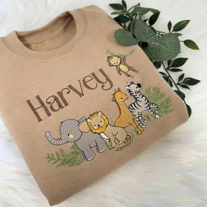 Gorgeous Safari Animal Embroidered Sweater - Super Soft & Personalised - Lion, Giraffe, Zebra, Elephant, MonkeySweater with a Name Too