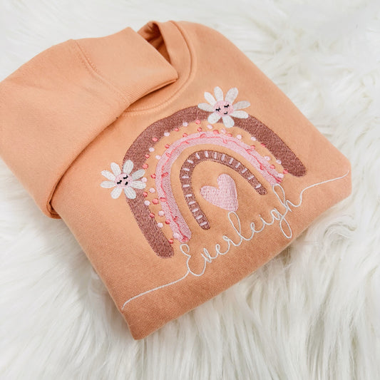 Boho Rainbow Embroidered Personalised Children's Super Soft Sweater with a Name Too