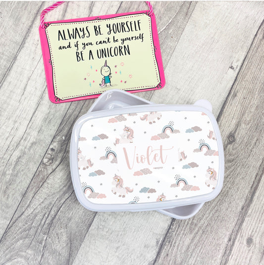 If your little one love’s unicorns they will love a personalised lunch box. These are solid plastic with a snap on lid. The lid is printed with multiple unicorns and a name in the centre