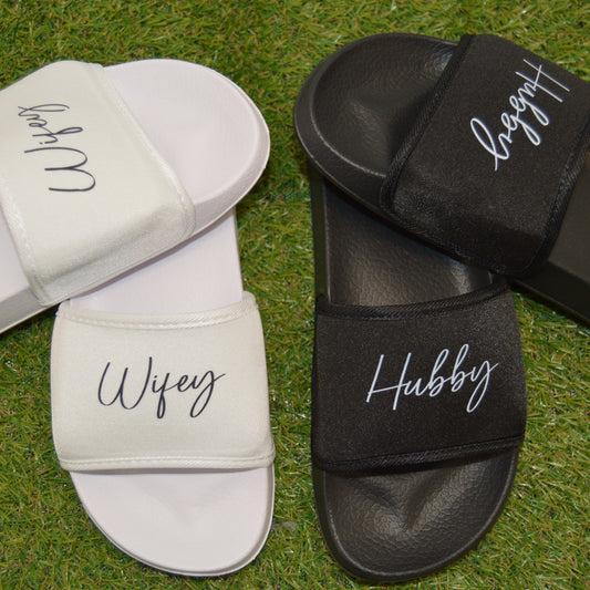 Hubby or WIFEY Honeymoon Sliders. Couples Wedding Gift