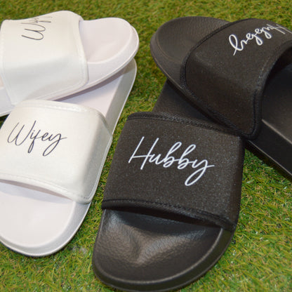 Hubby or WIFEY Honeymoon Sliders. Couples Wedding Gift