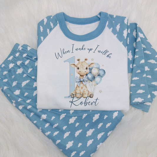 Blue Giraffe Personalised When I Wake Up Blue Cloud Pyjamas