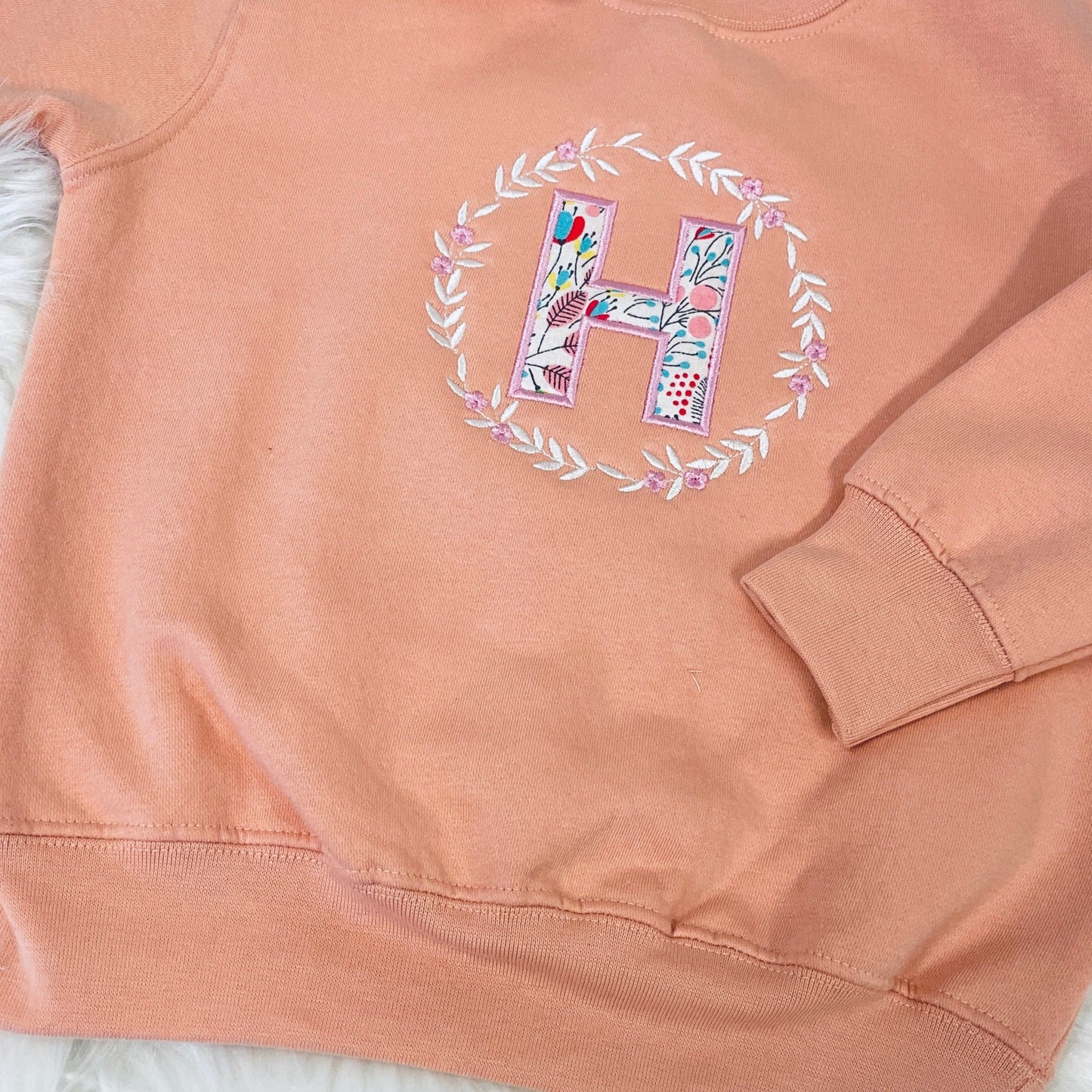 Embroidered Floral Initial Girls Sweater Jumper with Flower Wreath