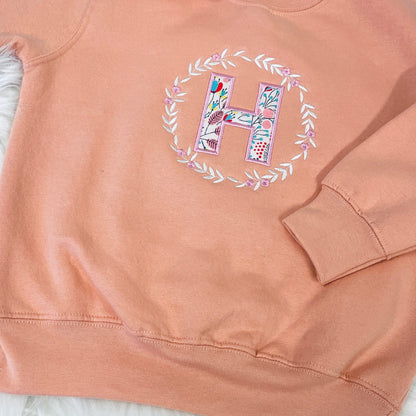 Embroidered Floral Initial Girls Sweater Jumper with Flower Wreath