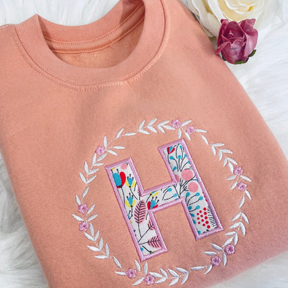 Embroidered Floral Initial Girls Sweater Jumper with Flower Wreath