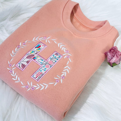 Embroidered Floral Initial Girls Sweater Jumper with Flower Wreath