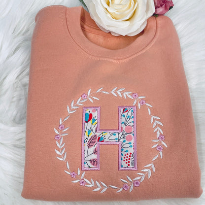 Embroidered Floral Initial Girls Sweater Jumper with Flower Wreath