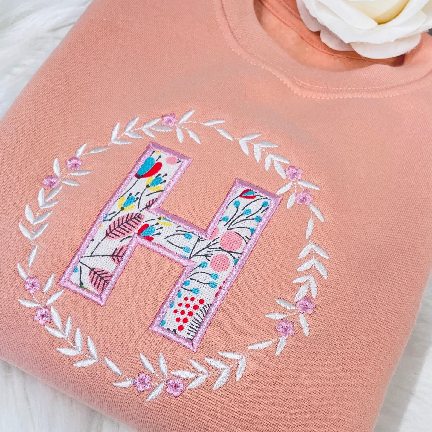 Embroidered Floral Initial Girls Sweater Jumper with Flower Wreath