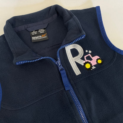 Adorable Children's Pink or Green Tractor Initial Embroidered Fleece Bodywarmer - Personalised Kids Outerwear