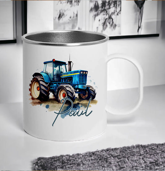 This is a white mugmade from polymer and steel. This mug is completely smashproof! Printed on both sides is a watercolour tractor in full detail. Below the tractor is a name. Great gift for farmers and tractor lovers