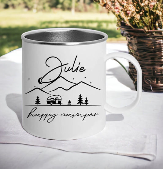 This is an unbreakable, smashproof mug. Printed on both sides is a little caravan with mountains in the background. Personalised with a name this is the perfect outdoors accessory.