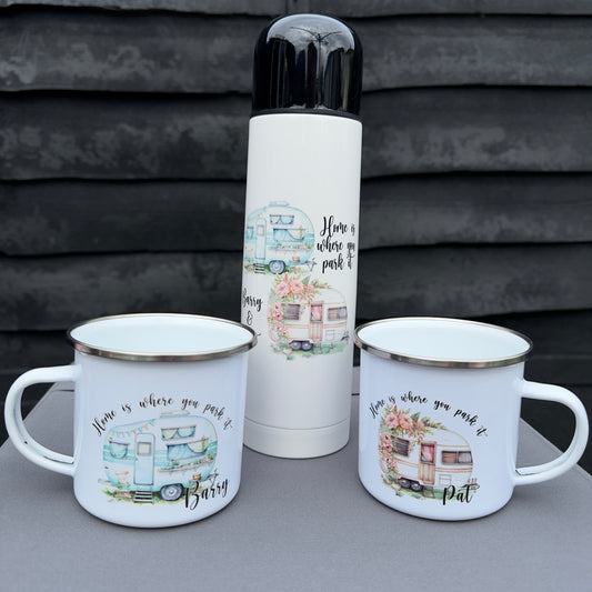 Personalised Camping Mug & Thermos Flask Set – Home Is Where You Park It