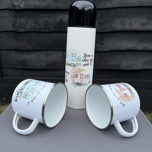 Personalised Camping Mug & Thermos Flask Set – Home Is Where You Park It