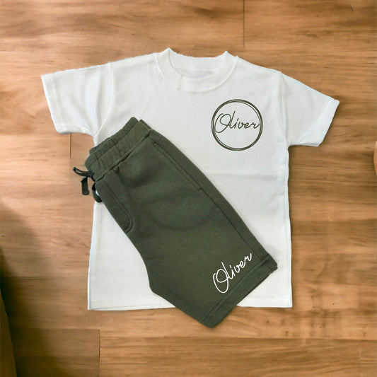 Unique Children's Matching Top and Fleece Shorts Set - Personalised Name Print within Layered Circle - Available in Black, Navy or Khaki!