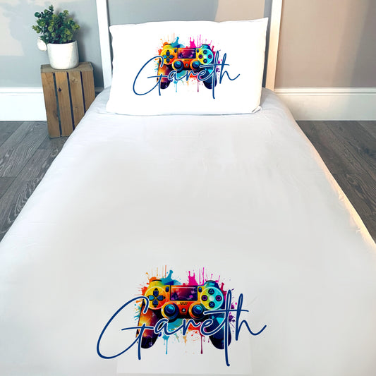 Level Up Your Bedding: Custom Gaming Controller Print on White Single Duvet Cover. Personalised Bedroom Accessories