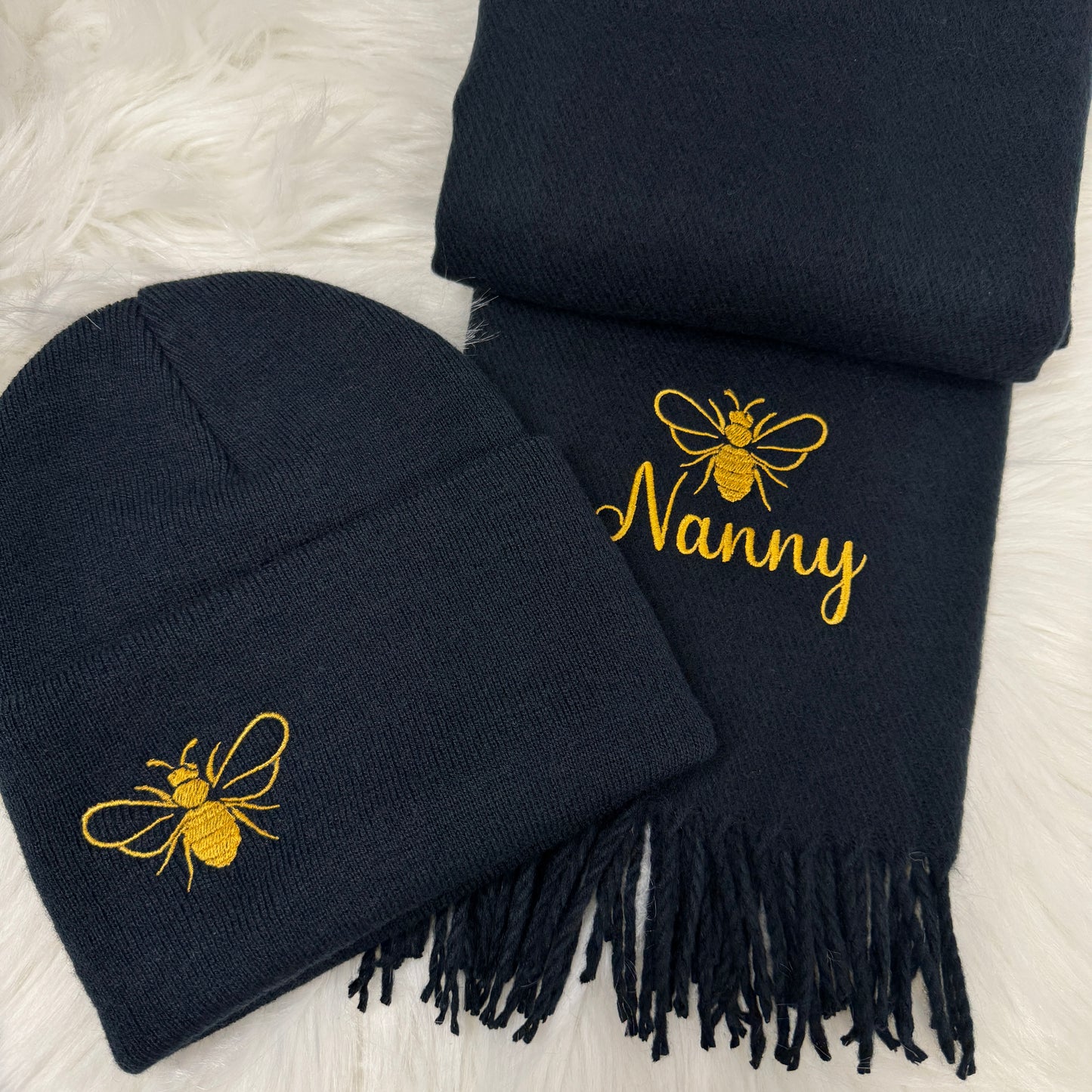 Gold Bee Embroidered Personalised Scarf & Beanie Hat Gift Set