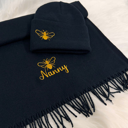 Gold Bee Embroidered Personalised Scarf & Beanie Hat Gift Set