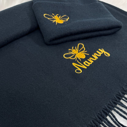 Gold Bee Embroidered Personalised Scarf & Beanie Hat Gift Set