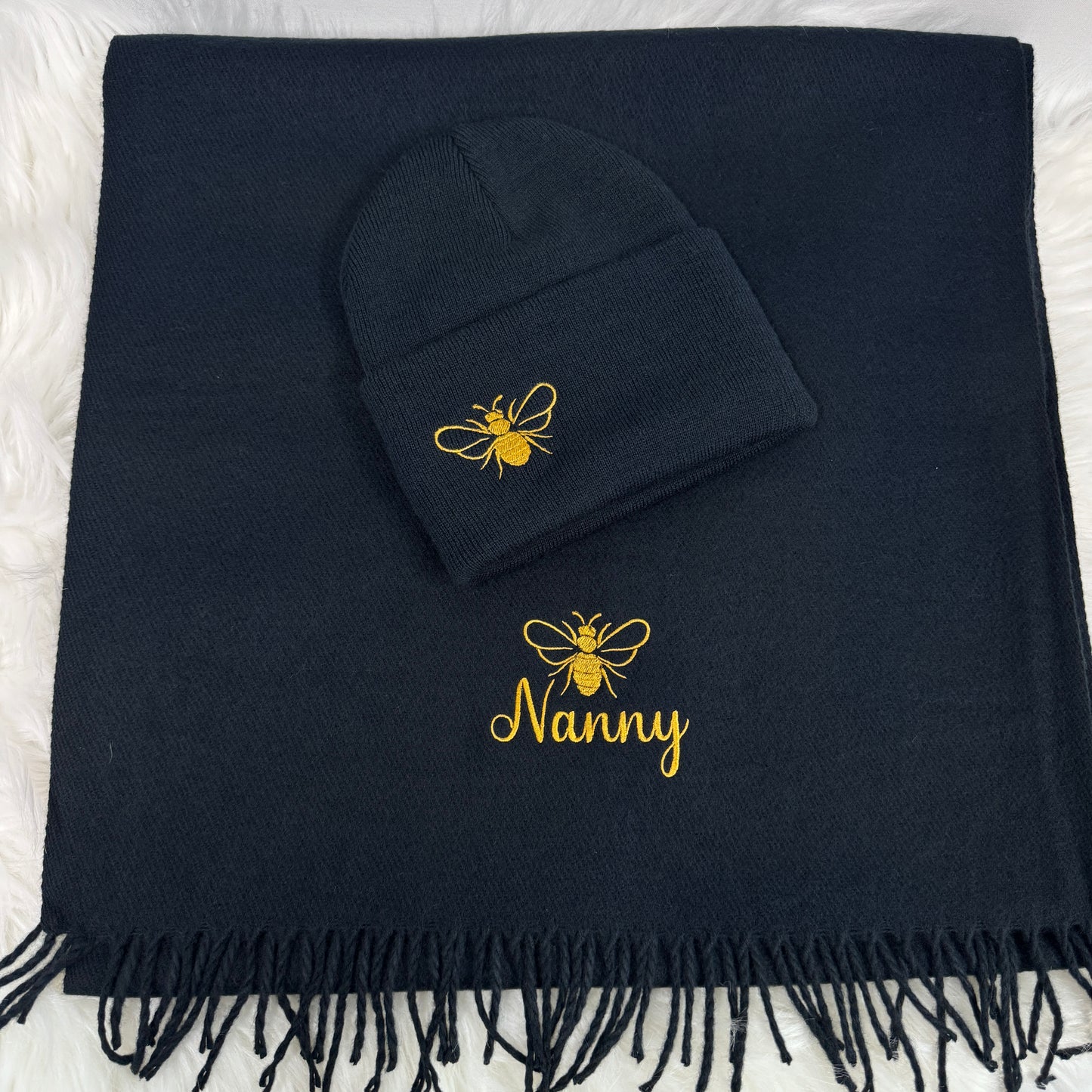 Gold Bee Embroidered Personalised Scarf & Beanie Hat Gift Set