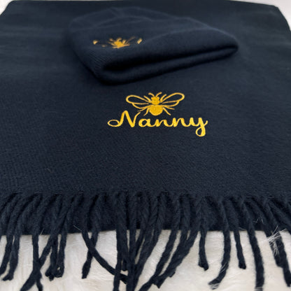 Gold Bee Embroidered Personalised Scarf & Beanie Hat Gift Set