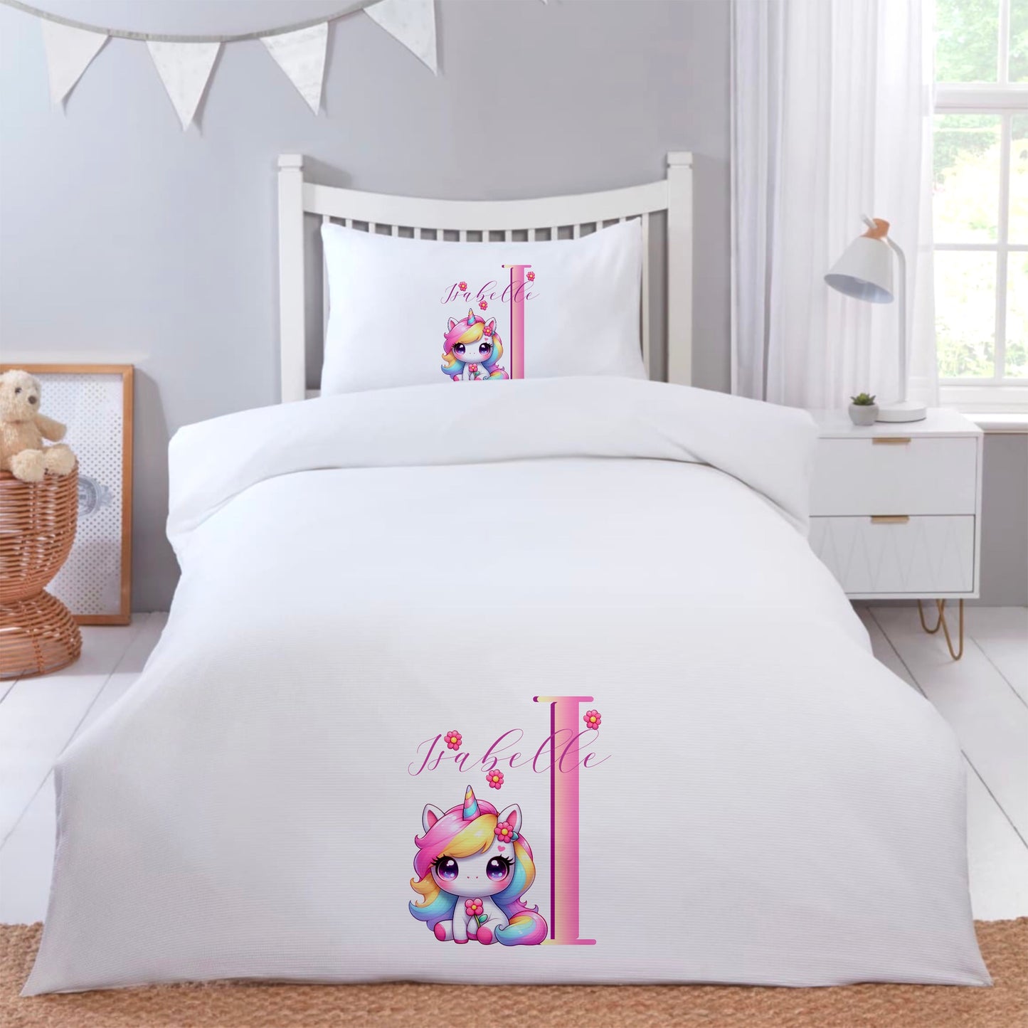 Colourful Unicorn Kids Bedding Personalised with Initial and Name