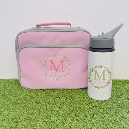 Personalised Floral Lunch Bag with Insulated Dual Compartments, Carry Handle, and Personalised Embroidery - Matching Flask Option