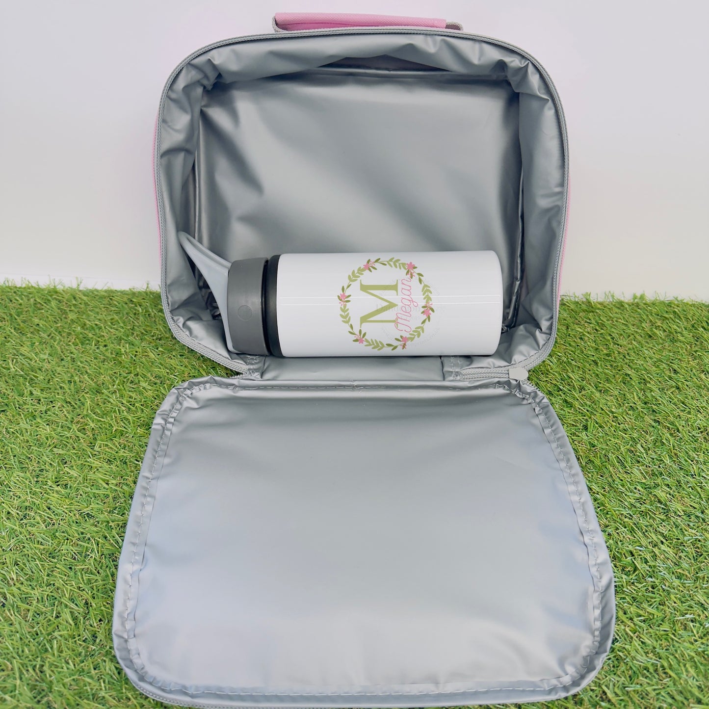 Personalised Floral Lunch Bag with Insulated Dual Compartments, Carry Handle, and Personalised Embroidery - Matching Flask Option