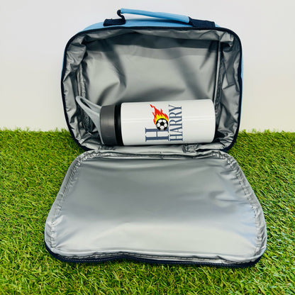 Personalised Football Insulated Lunch Bag with Dual Compartments and Carry Handle. Matching Flask Available