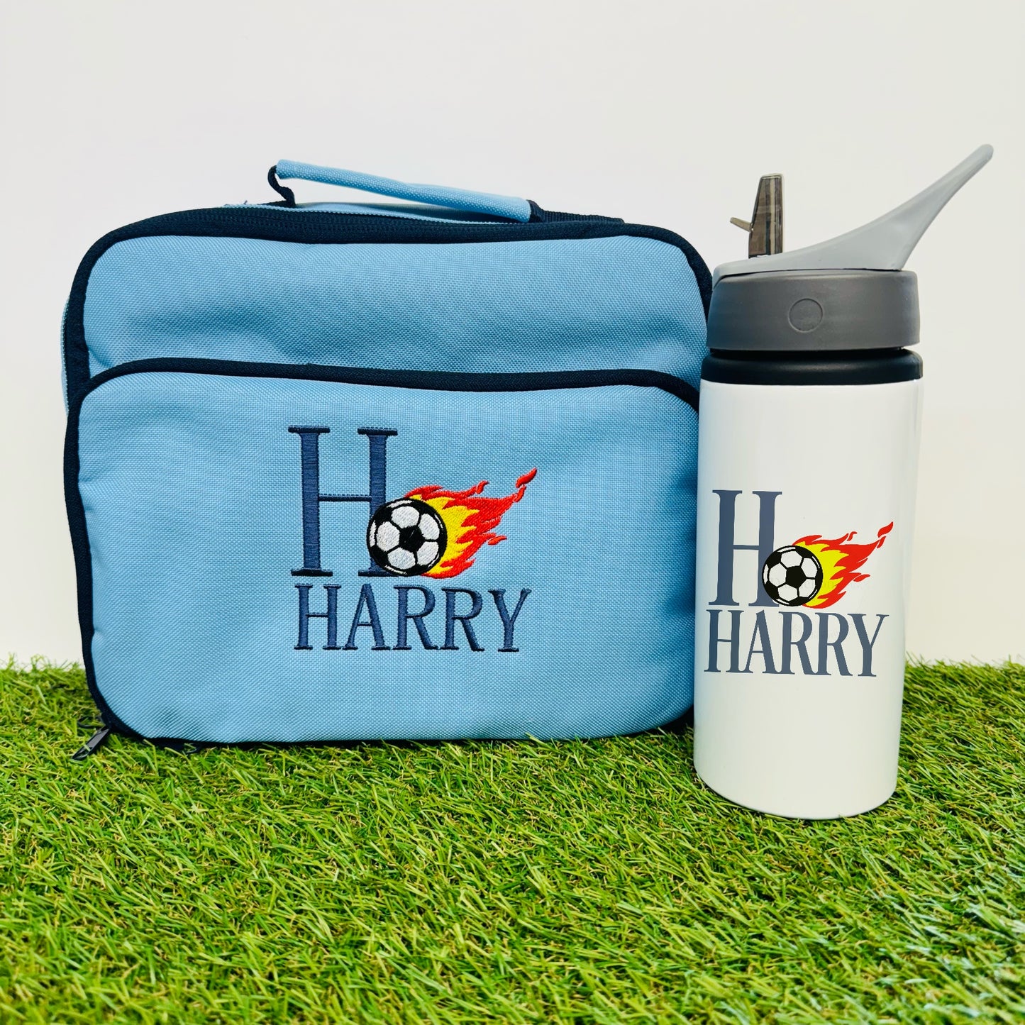 Personalised Football Insulated Lunch Bag with Dual Compartments and Carry Handle. Matching Flask Available