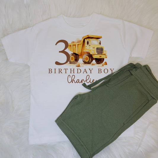 Kids Truck Birthday Party Clothes with Truck Design. Personalised T-shirt and Shorts Set