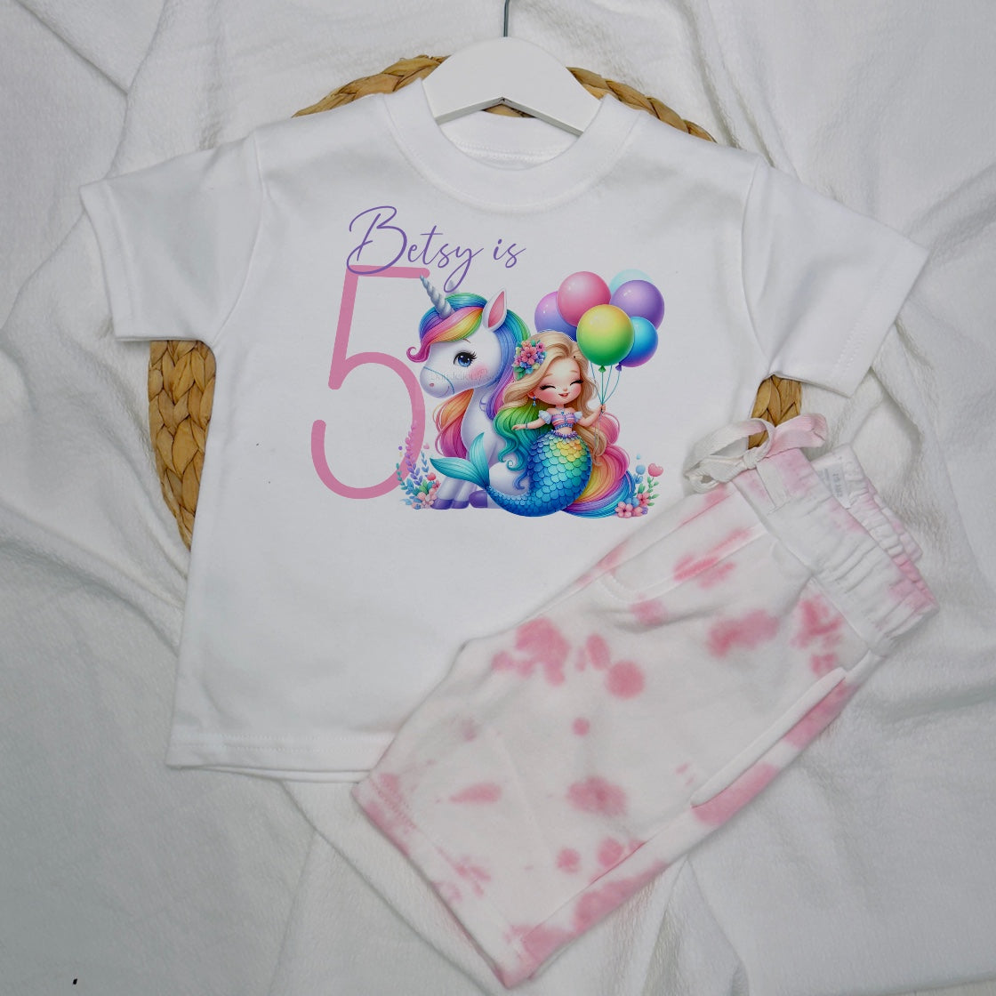 Vibrant Unicorn Mermaid Birthday Outfit: Personalised White Tee + Pink Tie Dye Shorts