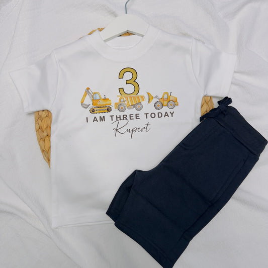 Birthday Construction Truck Shirt and Shorts Set with Birthday Age - Personalised Party Outfit