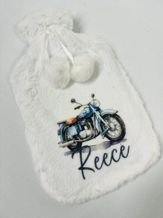 Cosy Personalised Vintage Motorbike Hot Water Bottle in Plush Fleece Cover