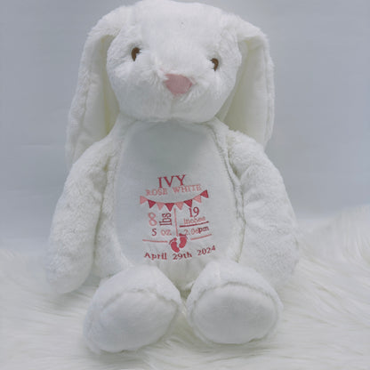 New Baby Personalised Bunny Teddy with Embroidered Birth Stats