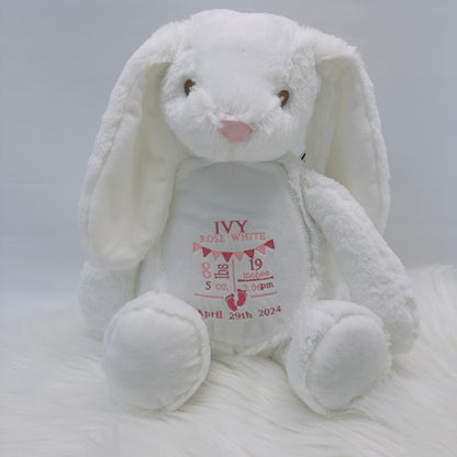 New Baby Personalised Bunny Teddy with Embroidered Birth Stats