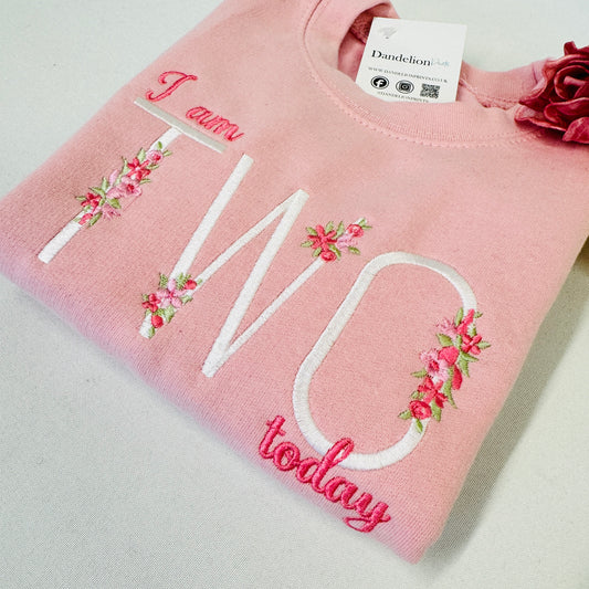 Embroidered Children's Birthday Sweater with Age and Floral Details - Choose from Pink, Purple, Blue, or Sage