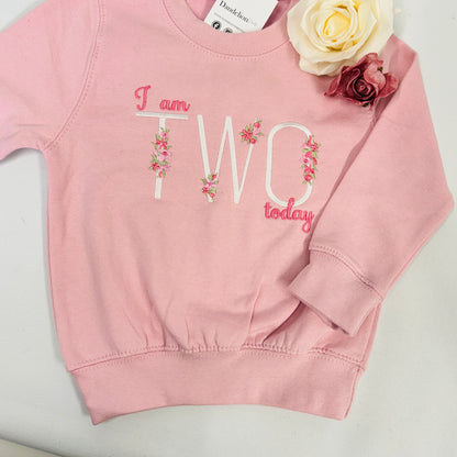 Embroidered Children's Birthday Sweater with Age and Floral Details - Choose from Pink, Purple, Blue, or Sage