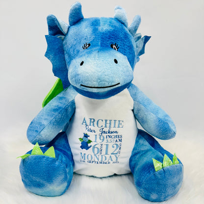 Adorable Dragon Teddy with Embroidered Belly - Personalised Baby Birth Stats - Easy to Clean - Approx. 45cm Tall - Perfect Baby Keepsake