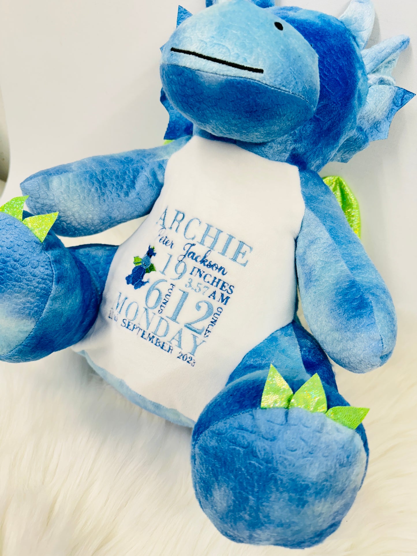 Adorable Dragon Teddy with Embroidered Belly - Personalised Baby Birth Stats - Easy to Clean - Approx. 45cm Tall - Perfect Baby Keepsake